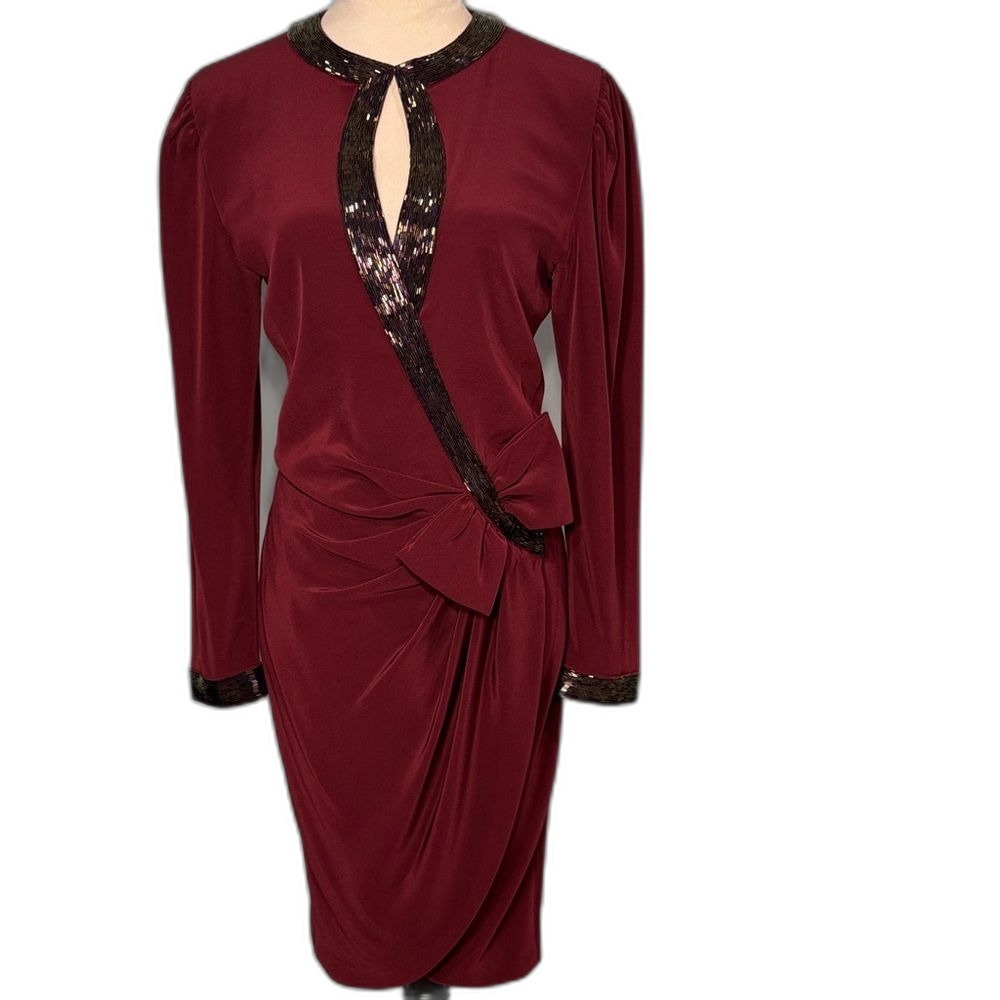 D’ore Della Roufogali Burgundy Midi Dress with Bow and beaded Details Size 6